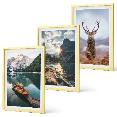 Set tablouri decorative cu lac de munte, barcă și cerb la apus