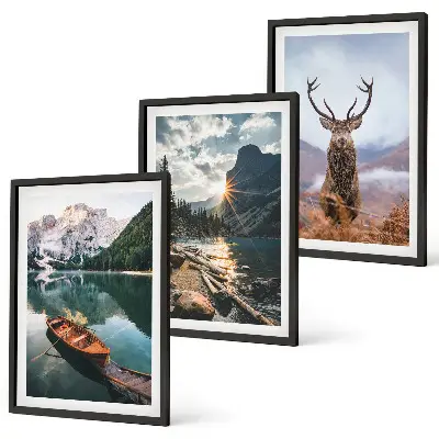 Set tablouri decorative cu lac de munte, barcă și cerb la apus