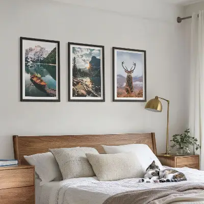 Set tablouri decorative cu lac de munte, barcă și cerb la apus