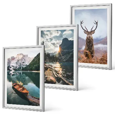 Set tablouri decorative cu lac de munte, barcă și cerb la apus