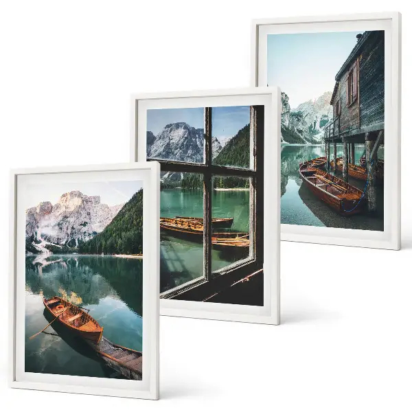 Set tablouri pentru dormitor cu peisaj de casă și bărci pe lacul de munte