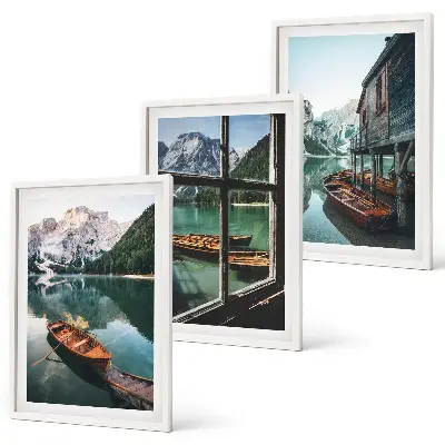 Set tablouri pentru dormitor cu peisaj de casă și bărci pe lacul de munte