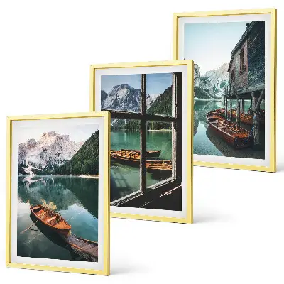 Set tablouri pentru dormitor cu peisaj de casă și bărci pe lacul de munte