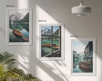 Set tablouri pentru dormitor cu peisaj de casă și bărci pe lacul de munte