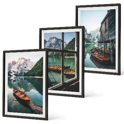 Set tablouri pentru dormitor cu peisaj de casă și bărci pe lacul de munte