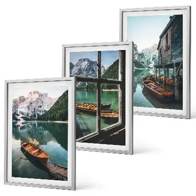 Set tablouri pentru dormitor cu peisaj de casă și bărci pe lacul de munte