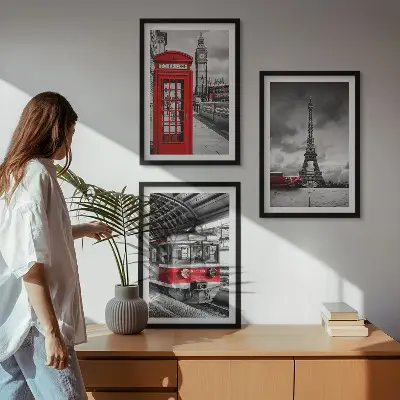 Set de tablouri pentru dormitor cu ilustrații de transport din Londra și Paris