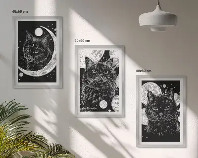 Set tablouri decorative pisici negre în spațiul lunar