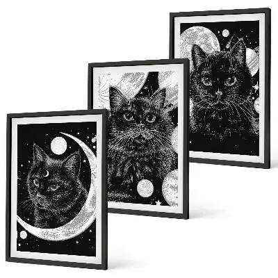 Set tablouri decorative pisici negre în spațiul lunar