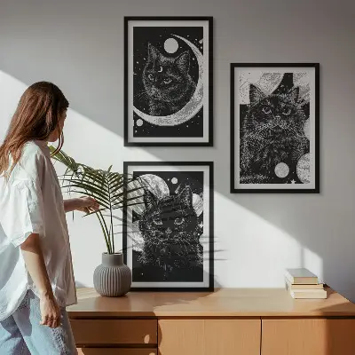 Set tablouri decorative pisici negre în spațiul lunar