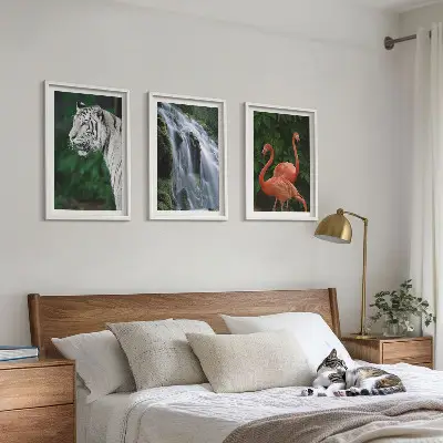 Set tablouri decorative cu model cascadă, tigru, flamingi și natură
