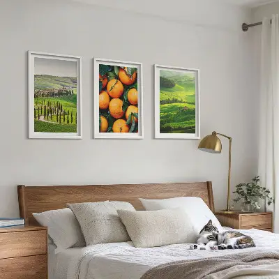 Set de tablouri pentru dormitor cu peisaj rural italian și portocale