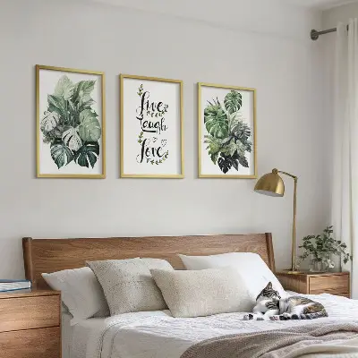 Set tablouri pentru dormitor cu model plante cu frunze și mesajul trăiește, râde, iubește