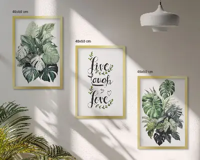 Set tablouri pentru dormitor cu model plante cu frunze și mesajul trăiește, râde, iubește