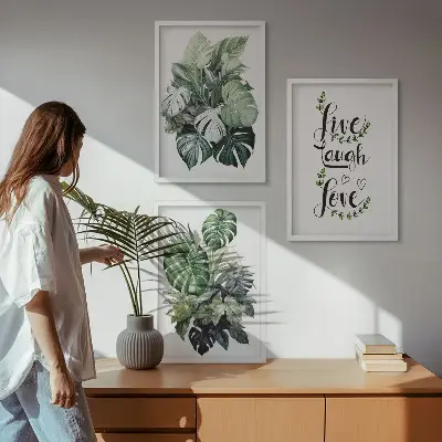 Set tablouri pentru dormitor cu model plante cu frunze și mesajul trăiește, râde, iubește