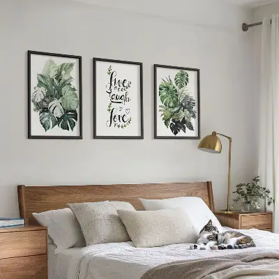 Set tablouri pentru dormitor cu model plante cu frunze și mesajul trăiește, râde, iubește