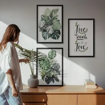 Set tablouri pentru dormitor cu model plante cu frunze și mesajul trăiește, râde, iubește