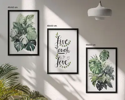Set tablouri pentru dormitor cu model plante cu frunze și mesajul trăiește, râde, iubește