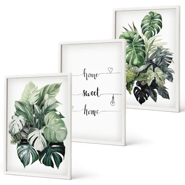 Set tablouri pentru dormitor cu frunze de monstera pictate în acuarelă