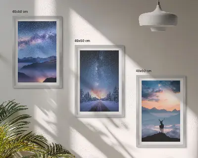 Set tablouri pentru dormitor cer nocturn cu munți, ceață și cerb