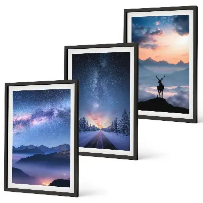 Set tablouri pentru dormitor cer nocturn cu munți, ceață și cerb