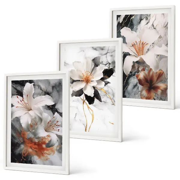Set tablouri decorative cu model flori din marmură alb-negru