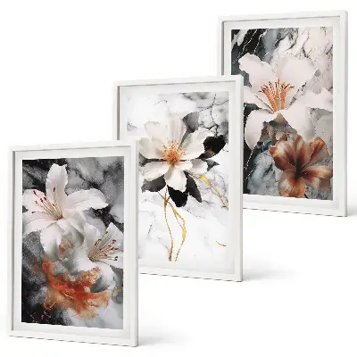Set tablouri decorative cu model flori din marmură alb-negru