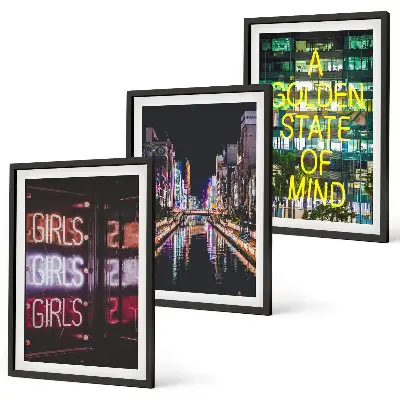 Set tablouri pentru dormitor cu design semne neon înfățișând un râu noaptea