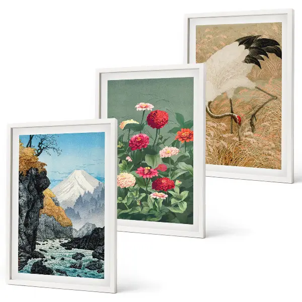 Set tablouri decorative cu peisaj montan, flori de râu și macarale