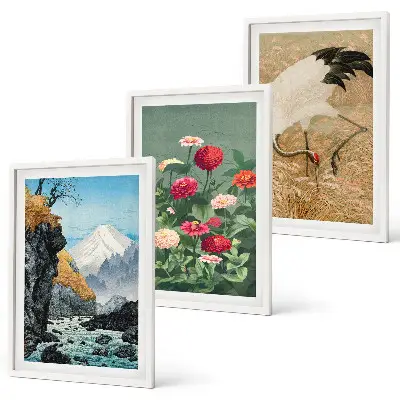 Set tablouri decorative cu peisaj montan, flori de râu și macarale