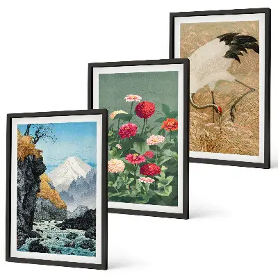 Set tablouri decorative cu peisaj montan, flori de râu și macarale