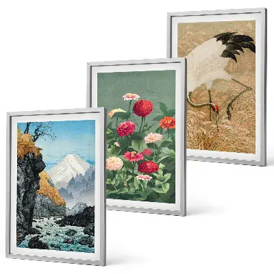 Set tablouri decorative cu peisaj montan, flori de râu și macarale