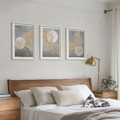 Set tablouri pentru dormitor cu modele abstracte reprezentând valuri și cercuri