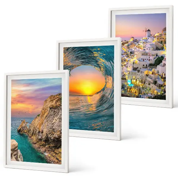 Set tablouri decorative valuri ale mării și case albe din Santorini