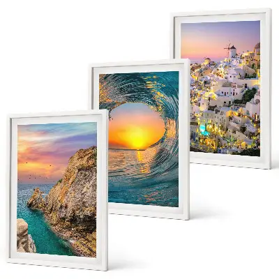 Set tablouri decorative valuri ale mării și case albe din Santorini