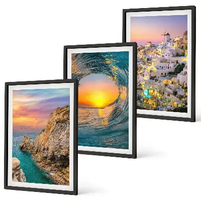 Set tablouri decorative valuri ale mării și case albe din Santorini
