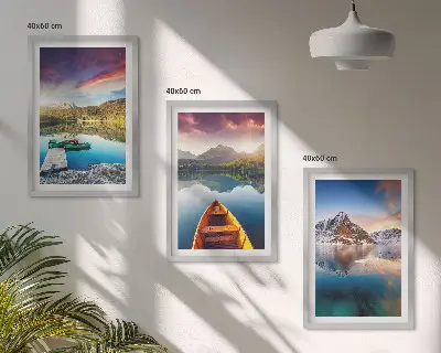 Set de tablouri pentru dormitor cu peisaj montan cu lac și barcă