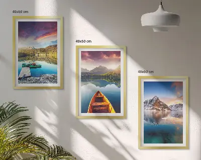 Set de tablouri pentru dormitor cu peisaj montan cu lac și barcă
