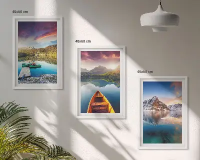 Set de tablouri pentru dormitor cu peisaj montan cu lac și barcă