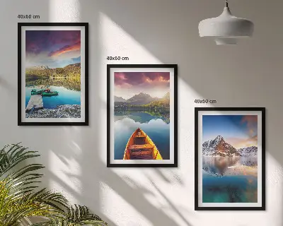 Set de tablouri pentru dormitor cu peisaj montan cu lac și barcă