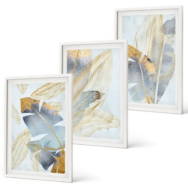 Set tablouri decorative cu model frunze în nuanțe de albastru și bej deschis