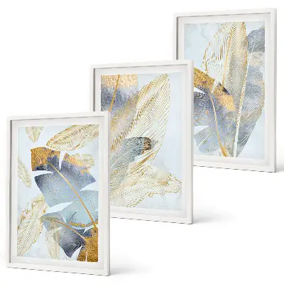 Set tablouri decorative cu model frunze în nuanțe de albastru și bej deschis