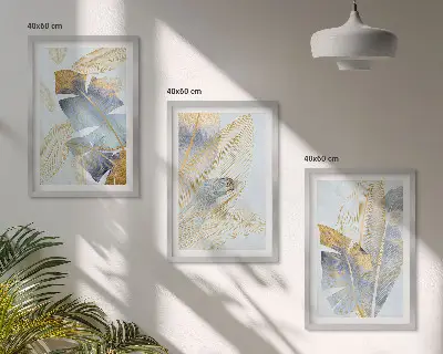 Set tablouri decorative cu model frunze în nuanțe de albastru și bej deschis