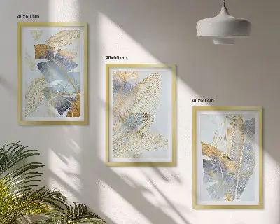 Set tablouri decorative cu model frunze în nuanțe de albastru și bej deschis