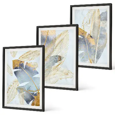 Set tablouri decorative cu model frunze în nuanțe de albastru și bej deschis