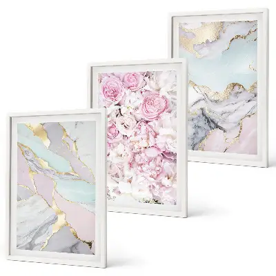 Set tablouri decorative flori roz pastel cu aspect de marmură