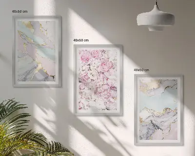 Set tablouri decorative flori roz pastel cu aspect de marmură