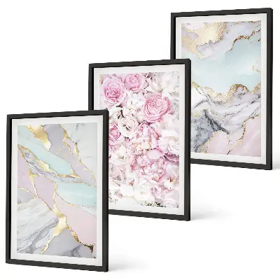 Set tablouri decorative flori roz pastel cu aspect de marmură