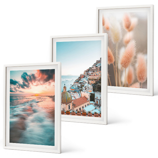 Set tablouri decorative Apus de soare la mare, case cu flori