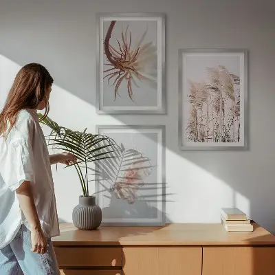 Set de tablouri pentru dormitor cu model de flori de iarbă pe fundal deschis